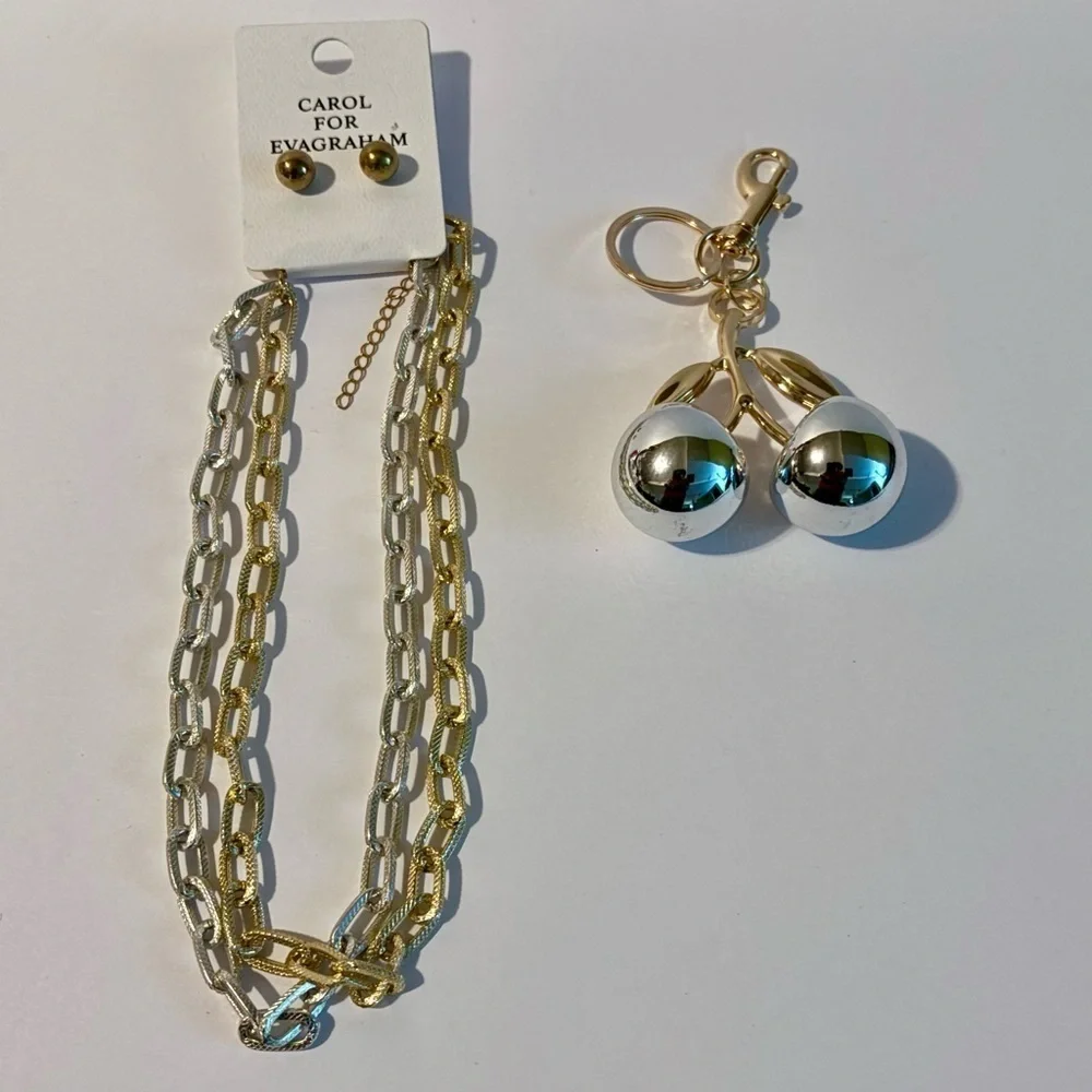 Carol for Evagraham Silver and Gold Necklace Set & Cherry Keychain